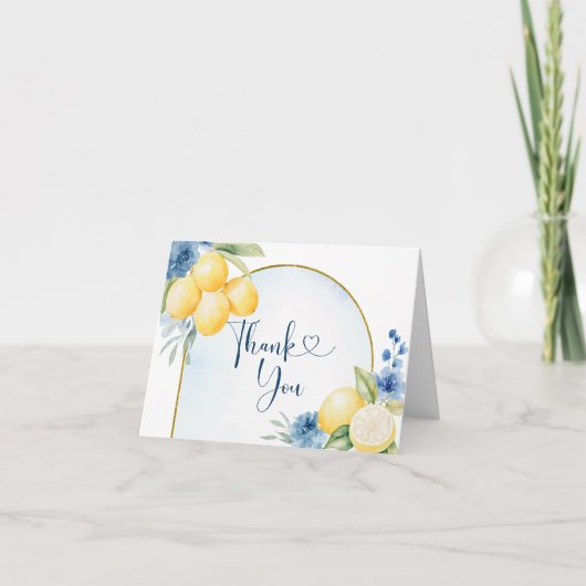 ブルーの花柄 レモン メイン スクイーズ ブライダルシャワー サンキューカード (正面)