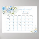 ブルーの花柄 出産予定日 カレンダー ポスター (正面)
