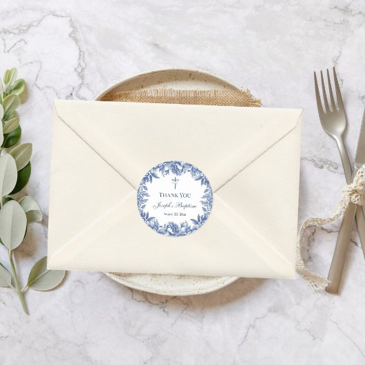 ブルーの花柄 洗礼証明書 ラウンドシール