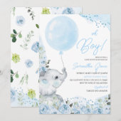ブルーの花柄　男の子の象のベビーシャワー 招待状 (正面/裏面)