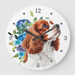 ブルーの花柄 赤いキャバリア・キング・チャールズ・スパニエル 犬 ラージ壁時計