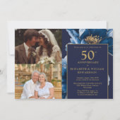 ブルーの花柄 過去と現在 50周年記念 2枚の写真 招待状 (正面)