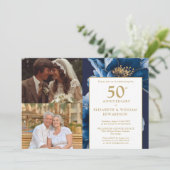 ブルーの花柄 過去と現在 50周年記念 2枚の写真 招待状 (スタンド正面)