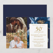 ブルーの花柄 過去と現在 50周年記念 2枚の写真 招待状 (正面/裏面)