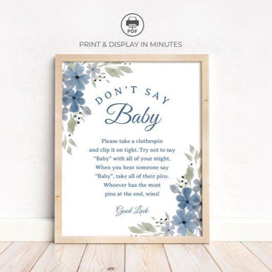 ブルーの花柄「Don't Say Baby」ベビーシャワーゲームのサイン ポスター