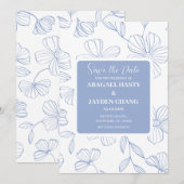 ブルーの花柄 Save the Date 招待状 (正面/裏面)