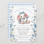 ブルーの花柄 Some Bunny with Milk ベビーシャワー 招待状 (正面/裏面)