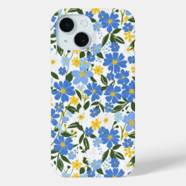 ブルーの花柄iPhoneケース iPhone 15ケース