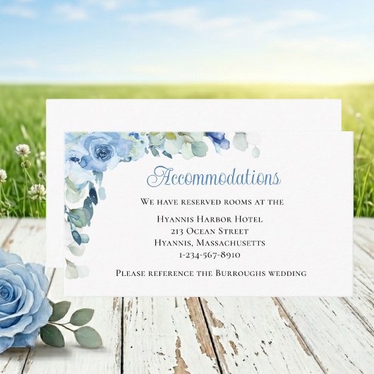 ブルーの花薔薇の水彩画の結婚式宿泊案内 エンクロージャーカード