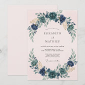 ブルーの花輪の結婚式 招待状 (正面/裏面)