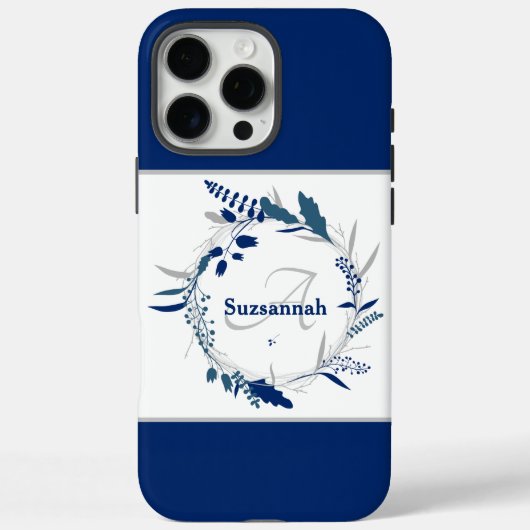 ブルーの花輪モノグラム 名前入り Case-Mate iPhoneケース (裏面)