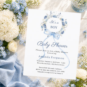 ブルーの花輪リボンの男の子ベビーシャワー招待状