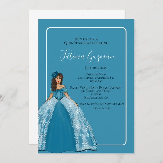 ブルーの花飾り付きのキンチアニエラドレス 招待状 (正面/裏面)