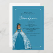 ブルーの花飾り付きのキンチェアのドレス 招待状 (正面/裏面)