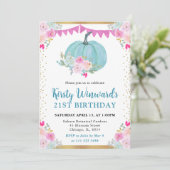 ブルーの花飾り付きパンプキン 秋の21歳の誕生日 招待状 (スタンド正面)