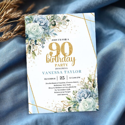 ブルーの花 ゴールド 90歳の誕生日パーティー招待状 招待状