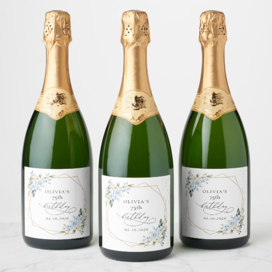 ブルーの花、白い花、グリーン、誕生日 スパークリングワインラベル (ボトル)