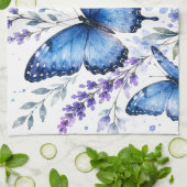 ブルーの蝶々 水彩画 キッチンタオル (折り畳み)