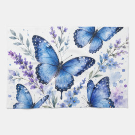 ブルーの蝶々 水彩画 キッチンタオル