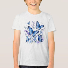 ブルーの蝶々 水彩画 トライブレンドTシャツ