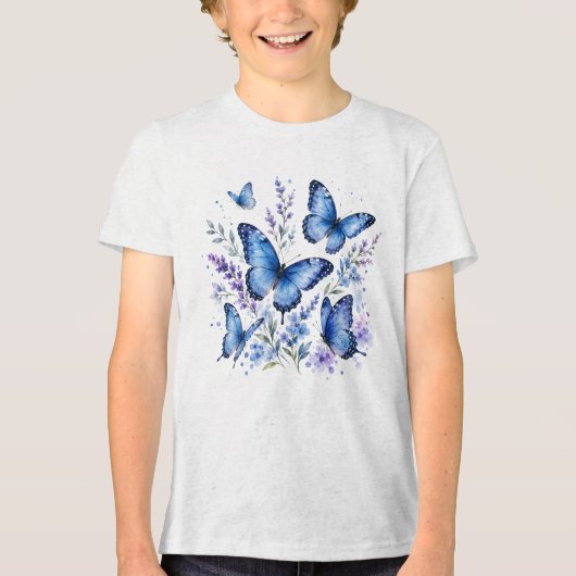 ブルーの蝶々 水彩画 トライブレンドＴシャツ (正面)