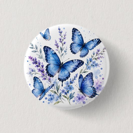 ブルーの蝶々 水彩画 缶バッジ (正面)