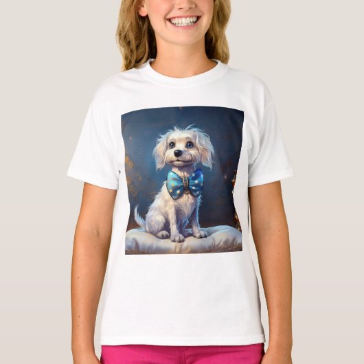 ブルーの蝶ネクタイをつけたかわいい仔犬 Tシャツ (正面)