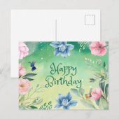 ブルーの誕生日おめでとう ピンクの水彩の花 ポストカード (正面/裏面)