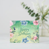 ブルーの誕生日おめでとう ピンクの水彩花 ポストカード (スタンド正面)