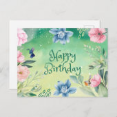 ブルーの誕生日おめでとう ピンクの水彩花 ポストカード (正面/裏面)