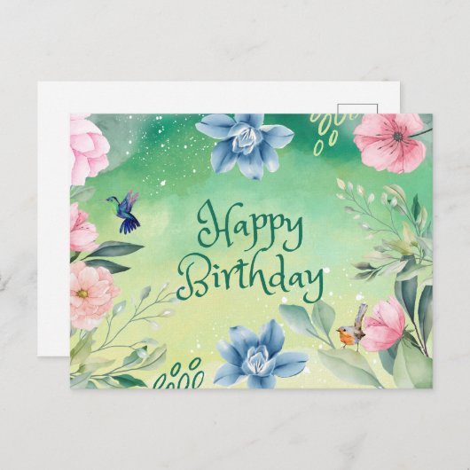 ブルーの誕生日おめでとう ピンクの水彩花 ポストカード (正面/裏面)