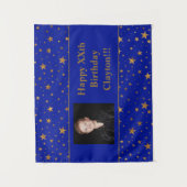 ブルーの誕生日にメッセージと写真付きのゴールドスター タペストリー (正面)
