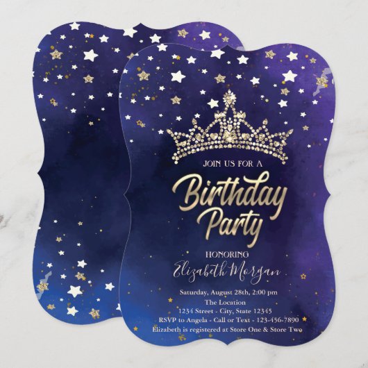 ブルーの誕生日パーティー用ゴールドのティアラと星 招待状 (正面/裏面)