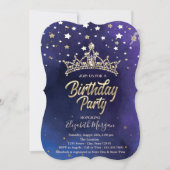 ブルーの誕生日パーティー用ゴールドのティアラと星 招待状 (正面)