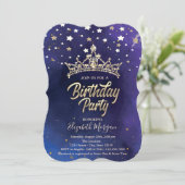 ブルーの誕生日パーティー用ゴールドのティアラと星 招待状 (スタンド正面)