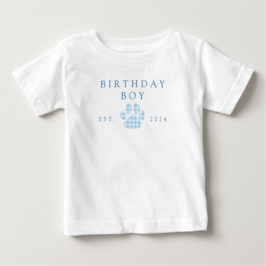 ブルーの誕生日ボーイ ギンガム パウ プリント 誕生日 ベビーTシャツ (正面)