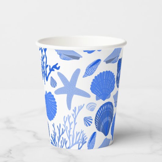 ブルーの貝殻とサンゴの模様のカスタムビーチ 紙コップ (裏面)