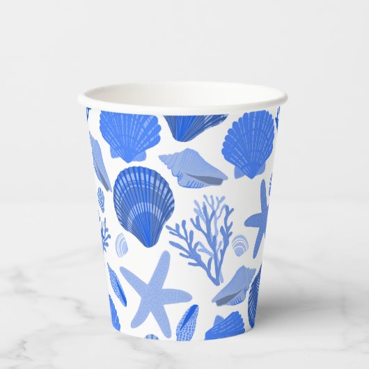 ブルーの貝殻とサンゴの模様のカスタムビーチ 紙コップ (正面)