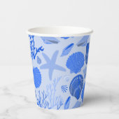 ブルーの貝殻とサンゴの模様のカスタムビーチ 紙コップ (裏面)