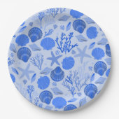 ブルーの貝殻とサンゴの模様のビーチ ペーパープレート (正面)