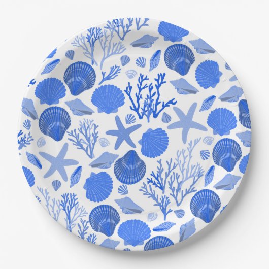 ブルーの貝殻とサンゴの模様のビーチ ペーパープレート (正面)
