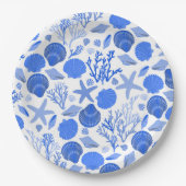ブルーの貝殻とサンゴ柄のビーチ ペーパープレート (正面)