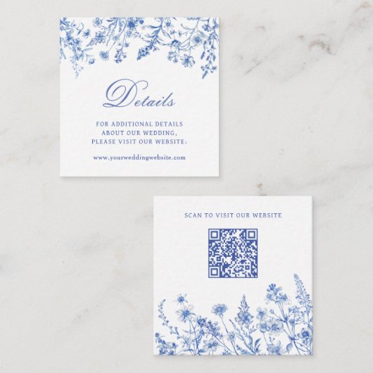 ブルーの野の花の結婚式の詳細ウェブサイトQRコード エンクロージャーカード (正面/裏面)