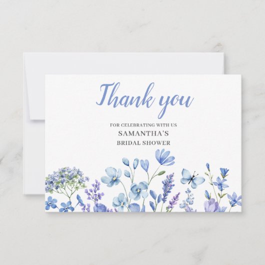 ブルーの野生の花 ブライダルシャワーのフラットな感謝カード サンキューカード (正面)