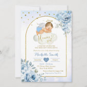 ブルーの金髪の小さな天使が天から送られてきたベイビーシャワー 招待状 (正面)