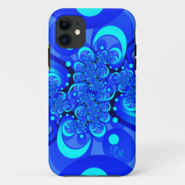 ブルーの陰影 モダンな抽象的フラクタルアートのイニシャル iPhone 11 ケース