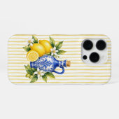 ブルーの陶器のレモンに黄色のストライプ iPhoneケース (裏面横)