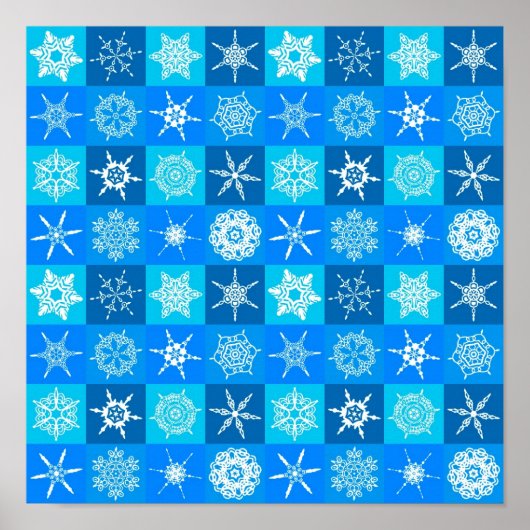 ブルーの雪の結晶パターン ポスター (正面)