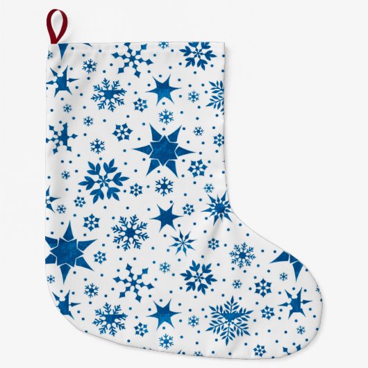 ブルーの雪の結晶パターン ラージクリスマスストッキング (正面)