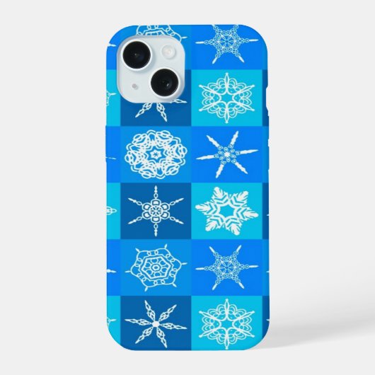 ブルーの雪の結晶パターン iPhone 15ケース (裏面)